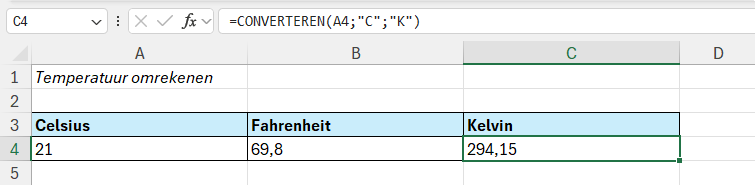 Celsius omrekenen naar Kelvin in Excel met de functie CONVERTEREN