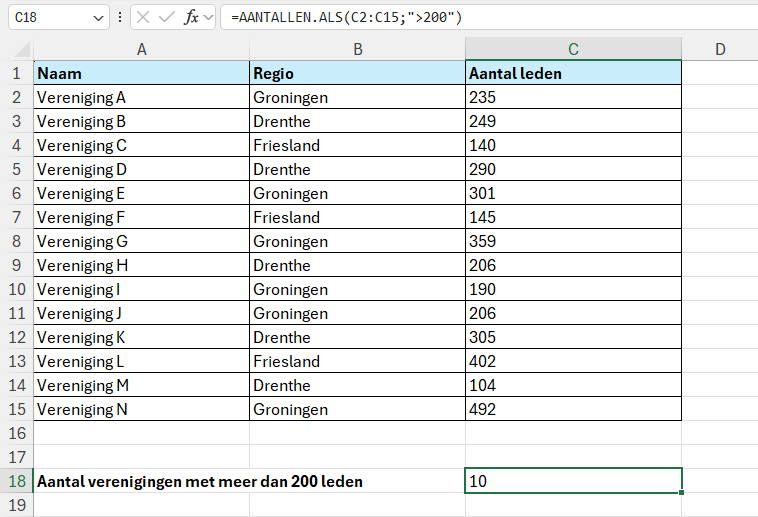 De functie AANTALLEN.ALS met 1 bereik en 1 criterium