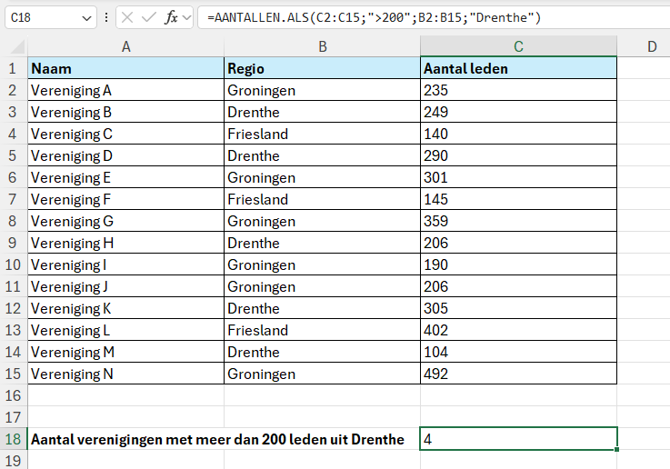 De functie AANTALLEN.ALS met meerdere bereiken en criteria