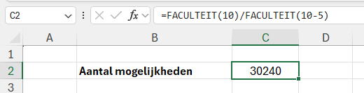 Faculteit berekenen in Excel