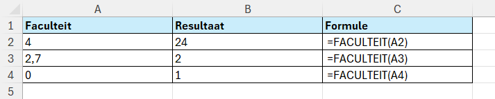 Faculteit berekenen in Excel
