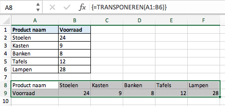 Functie TRANSPONEREN Excel
