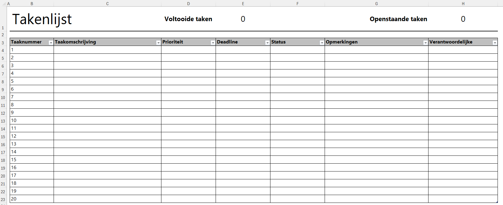 Takenlijst in Excel voorbeeld