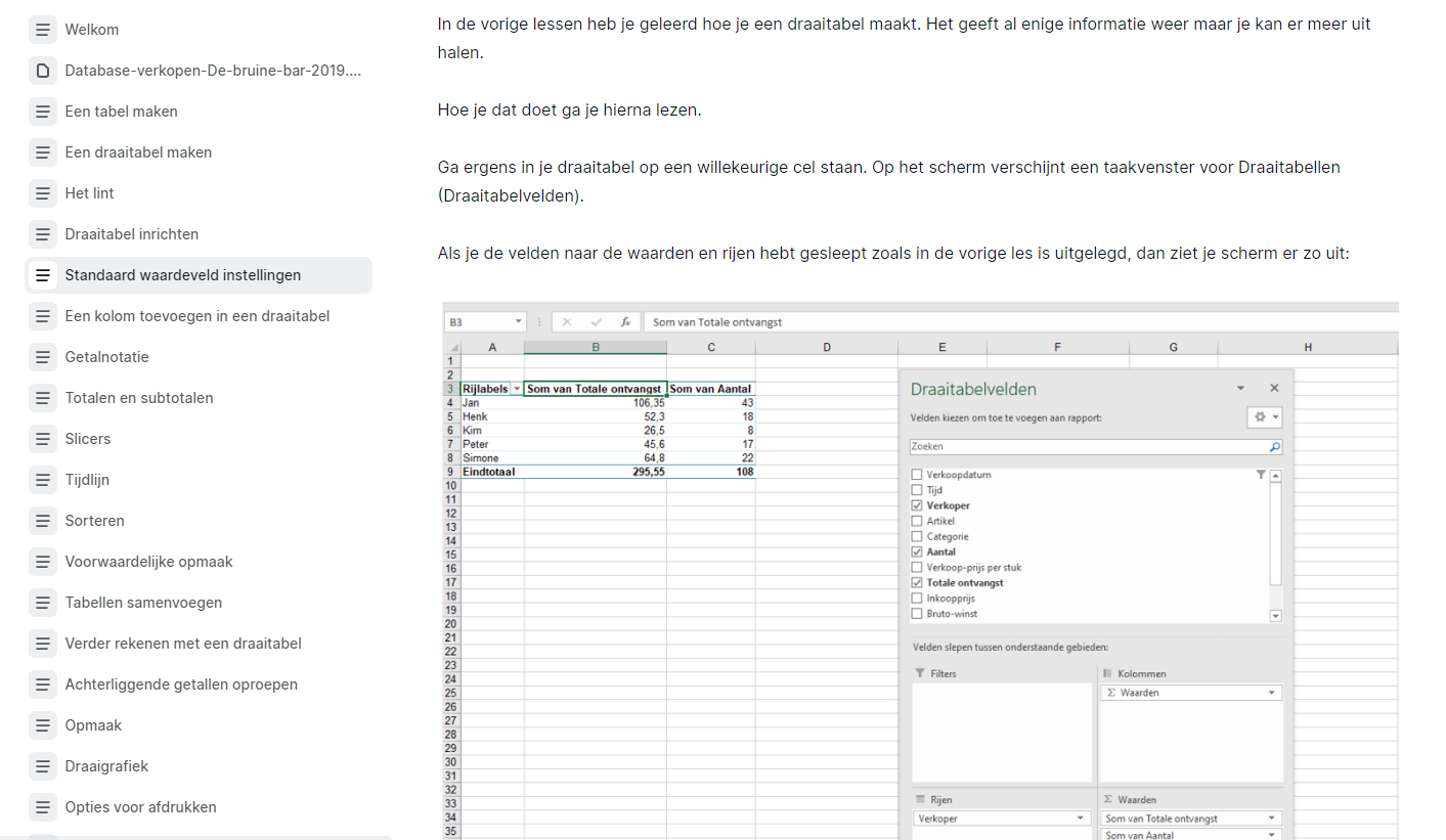 Draaitabel cursus les voorbeeld