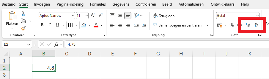Aantal decimalen tonen via het lint