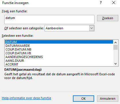 Functie DATUMVERSCHIL Excel 1 Functie datumverschil niet zichtbaar in venster functie invoegen