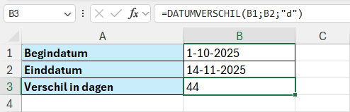 Verschil in dagen berekenen in Excel