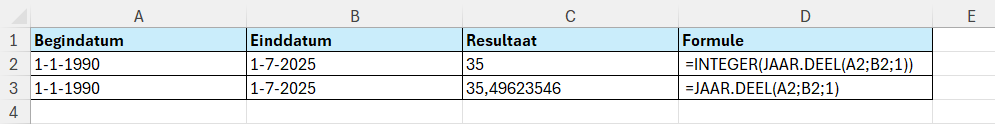 Het resultaat van JAAR.DEEL afronden met INTEGER