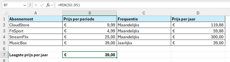 De kleinste waarde in Excel tonen met de functie MIN