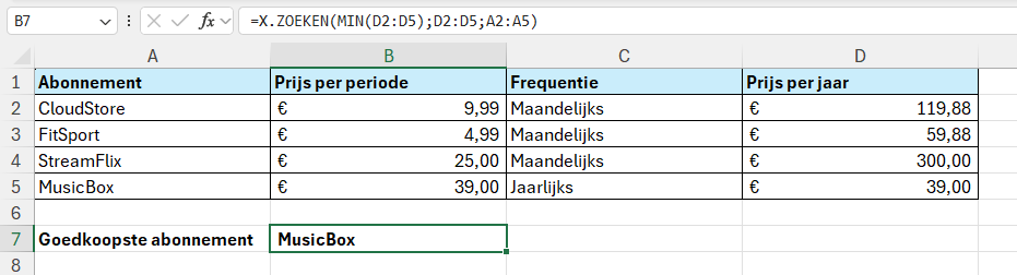 De kleinste waarde gebruiken als zoekwaarde met XZOEKEN