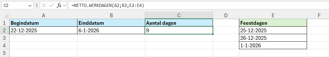 De functie NETTO.WERKDAGEN met feestdagen in Excel