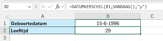 Leeftijd berekenen in Excel met VANDAAG en DATUMVERSCHIL