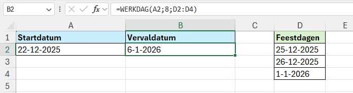 De functie WERKDAG in Excel met feestdagen
