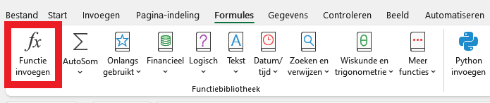 Het venster functie invoegen openen via het lint