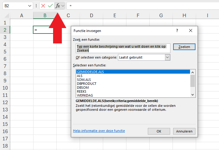 Het venster functie invoegen openen