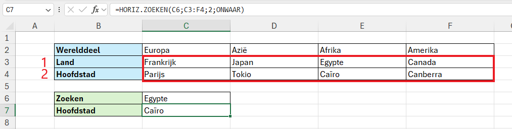 Voorbeeld van hoe horizontaal zoeken werkt in Excel