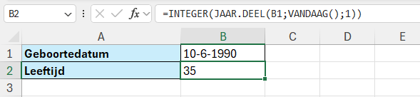 Leeftijd berekenen met de functies INTEGER, JAAR.DEEL en VANDAAG