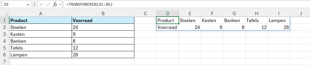 Gegevens omdraaien met de functie TRANSPONEREN