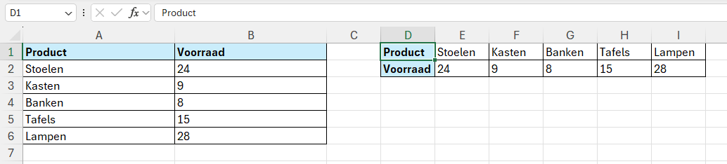 Handmatig gegevens transponeren via plakken speciaal