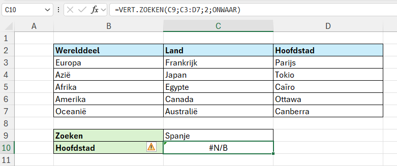 Foutmelding VERTICAAL ZOEKEN in Excel door niet gevonden waarde