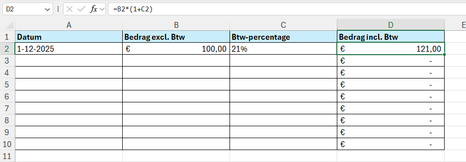 Bedrag inclusief btw berekenen in Excel