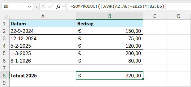 Functie JAAR in Excel 3 Het totaal bedrag optellen uit een specifiek jaartal met de functies SOMPRODUCT en JAAR