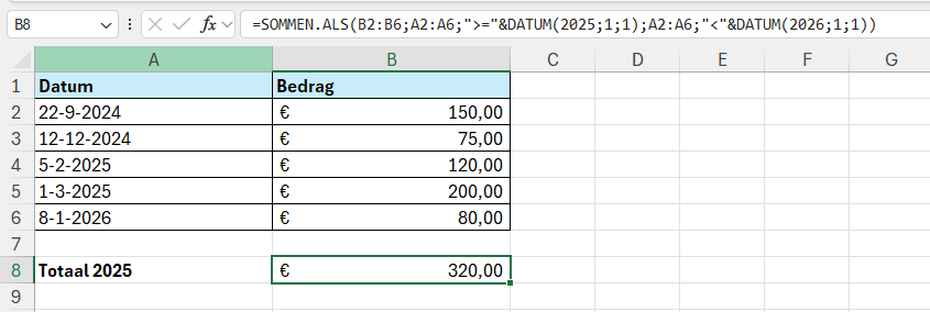 Functie SOMMEN.ALS 1 Datumgrenzen gebruiken als criteria met de functie SOMMEN.ALS