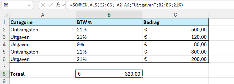 Optellen in Excel op basis van meerdere voorwaarden met behulp van de functie SOMMEN.ALS