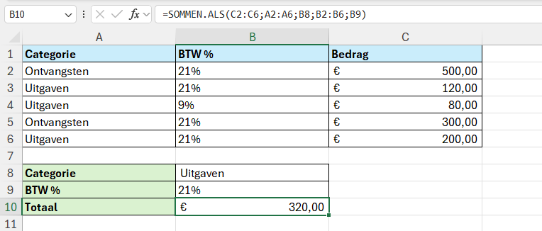 Optellen in Excel op basis van meerdere voorwaarden met behulp van de functie SOMMEN.ALS