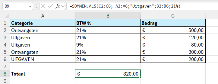 De functie SOMMEN.ALS is niet hoofdletter gevoelig