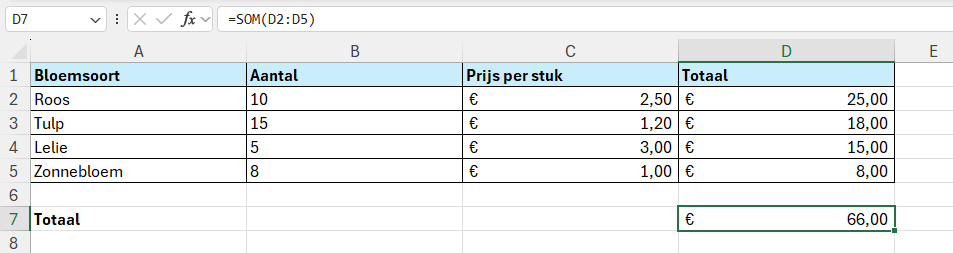 Het totaal berekenen met de functie SOM