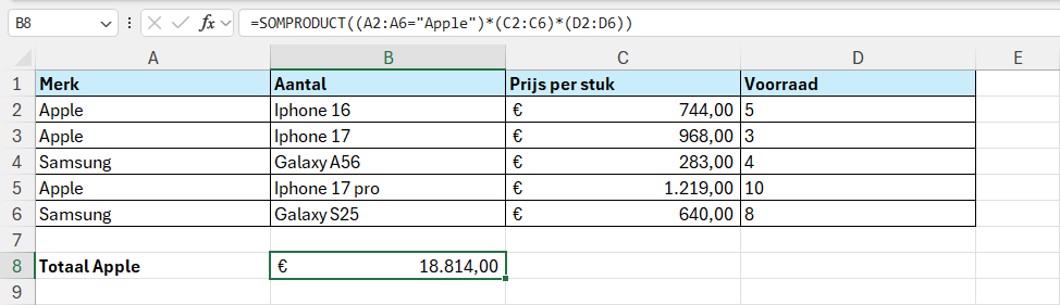 De functie SOMPRODUCT combineren met een logische vergelijking om te rekenen en filteren tegelijk