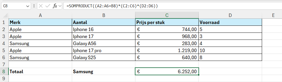 De functie SOMPRODUCT dynamisch maken met celverwijzingen en logische vergelijkingen