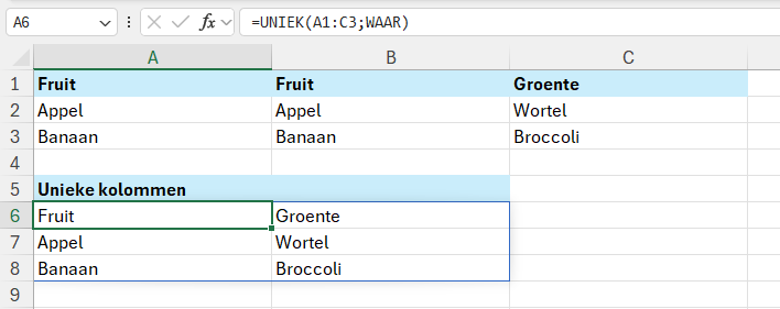 Functie UNIEK in Excel 5 Kolommen met elkaar vergelijken met de functie UNIEK