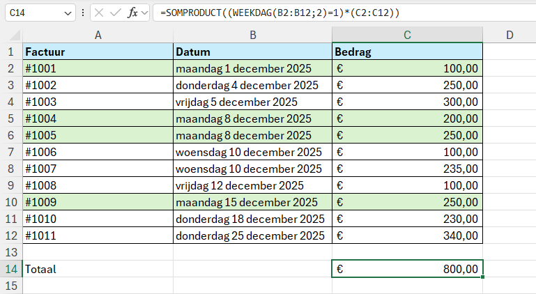 Functie WEEKDAG in Excel 3 In Excel alleen bedragen op een maandag optellen met de functies WEEKDAG en SOMPRODUCT