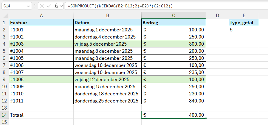 Functie WEEKDAG in Excel 4 De functie WEEKDAG dynamisch maken