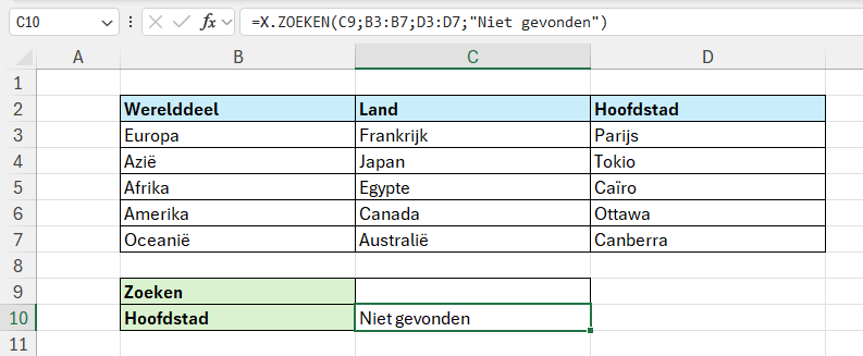 X.ZOEKEN toont een gekozen waarde als het zoekwoord niet wordt gevonden