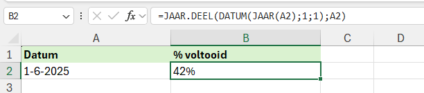 Hoeveel procent van het jaar is voorbij op basis van een bepaalde datum berekenen