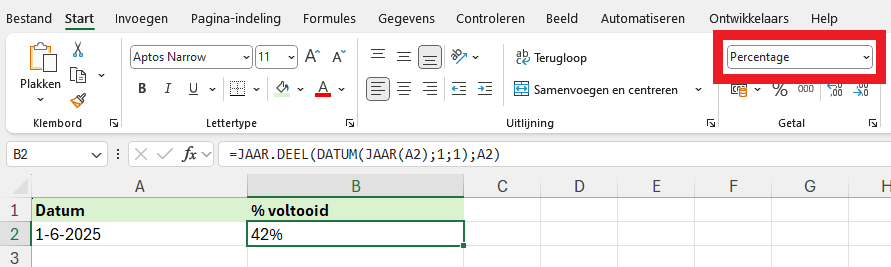 Getalnotatie in Excel wijzigen in percentage