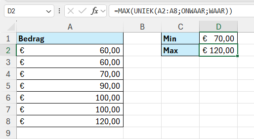 Maximale waarde berekenen die exact één keer voorkomt in een bereik