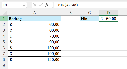 Minimale waarde berekenen in Excel