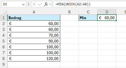 Minimale unieke waarde berekenen in Excel