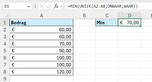 Minimale waarde berekenen die exact één keer voorkomt in een bereik
