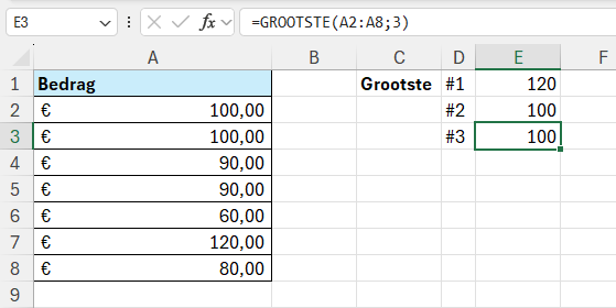 Grootste waarden berekenen in Excel