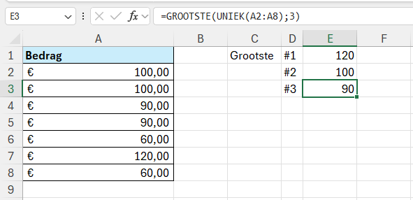 Grootste unieke waarde berekenen in Excel