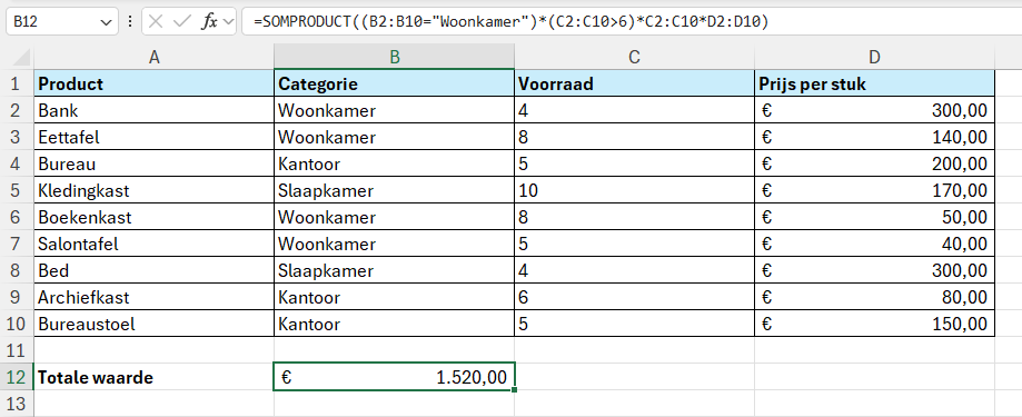 De formule =SOMPRODUCT((B2:B10="Woonkamer")*(C2:C10>6)*C2:C10*D2:D10) berekent de totale waarden van alle producten in de categorie Woonkamer met een voorraad groter dan 6