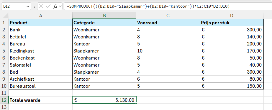 Met de formule =SOMPRODUCT(((B2:B10="Slaapkamer")+(B2:B10="Kantoor"))*C2:C10*D2:D10) berekent Excel de totale waarde van producten uit de categorie Slaapkamer OF Kantoor