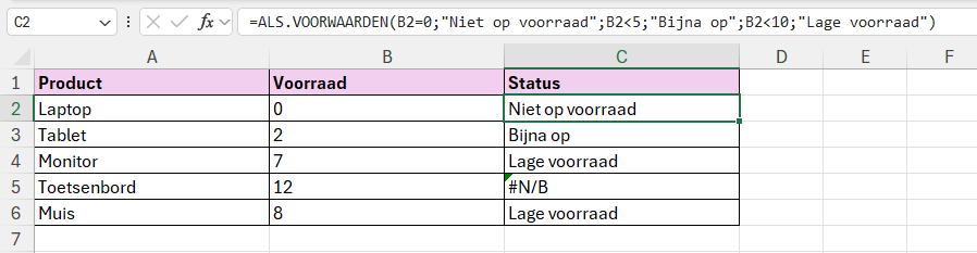 Functie ALS.VOORWAARDEN in Excel 6 Voorbeeld van een formule waarbij het mogelijk is dat geen enkele voorwaarde waar is