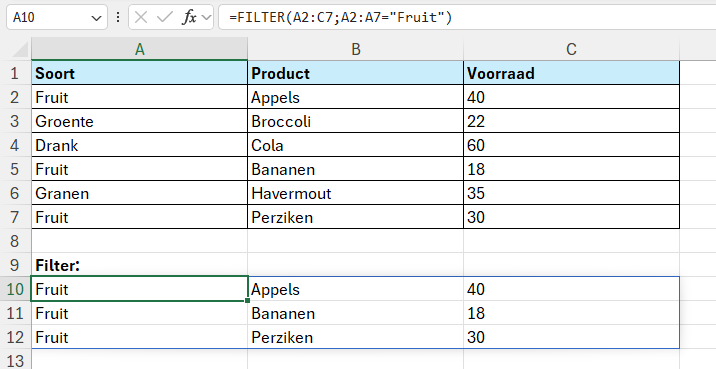 De formule =FILTER(A2:C7;A2:A7="Fruit") retourneert alle rijen indien in kolom A fruit staat