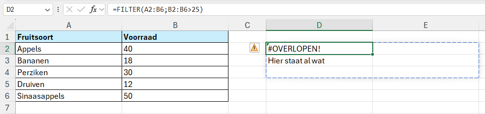 De functie FILTER toont de foutmelding OVERLOPEN indien er onvoldoende ruimte beschikbaar is